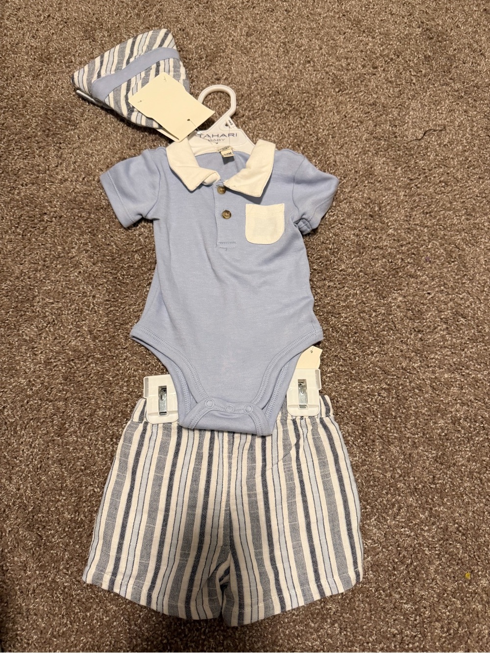 Tahari Blue & Cream Polo Bodysuit with Striped Shorts and Hat